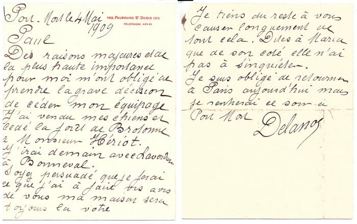 Lettre de M. Delanos à Paul Vigrare, piqueur à propos de la vente de son équipage à M. Hériot (04/08/1909) - Don de M. J.-J. Morel à la Société de Vèn